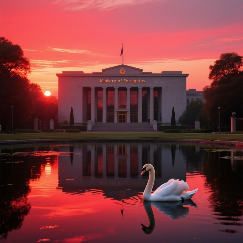 Sunset Casting A Crimson Glow Over The Ministry Of Foreign Affairs, Its Reflection Shimmering On A