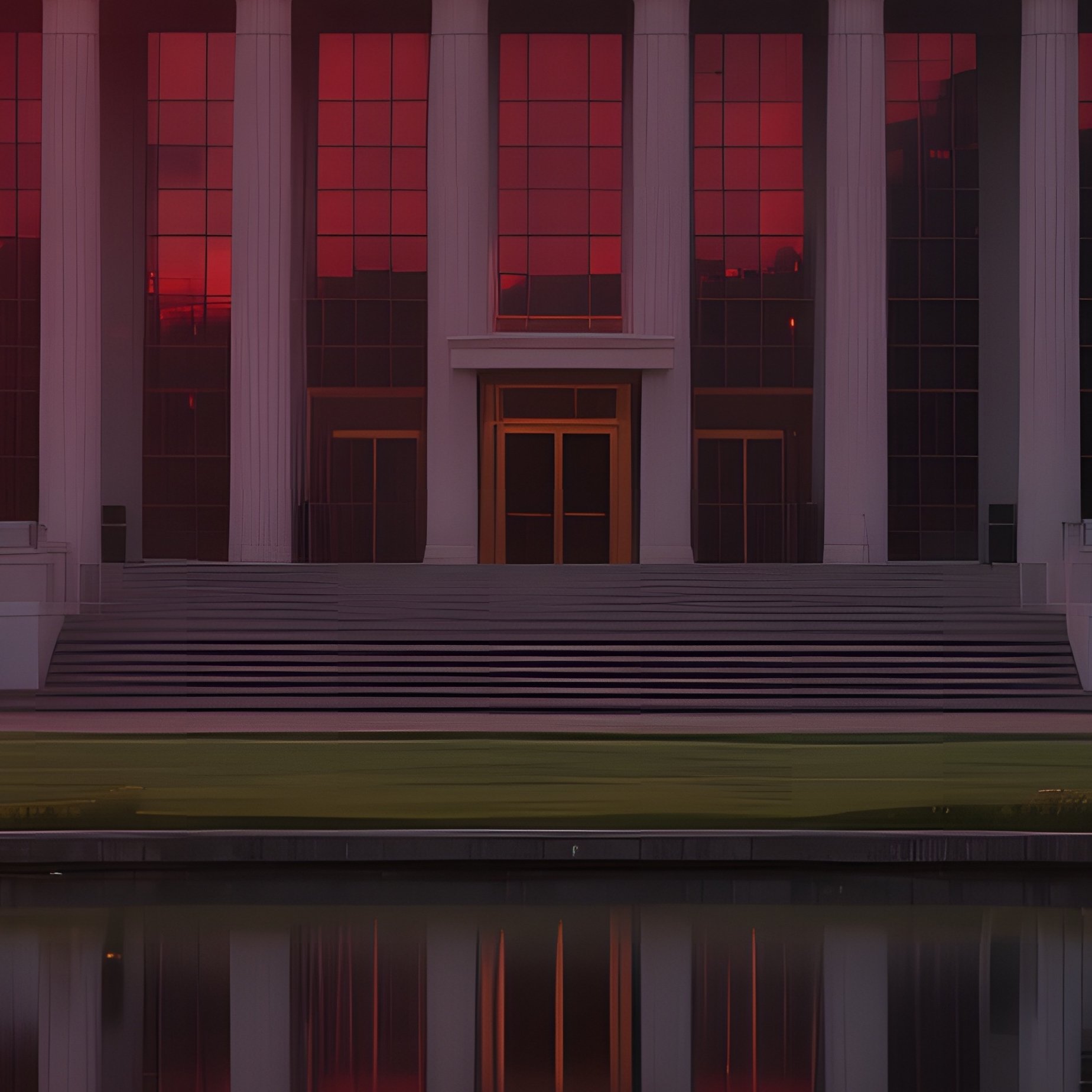 Sunset Casting A Crimson Glow Over The Ministry Of Foreign Affairs, Its Reflection Shimmering On A - Full Resolution Quality Preview