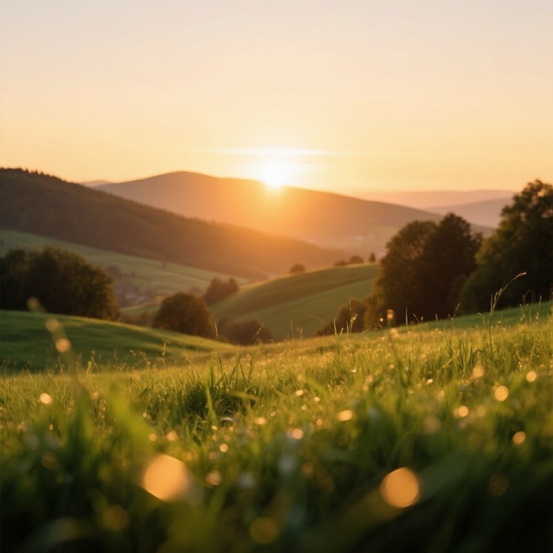 Sunset Over A Grassy Landscape Sunset Landscape