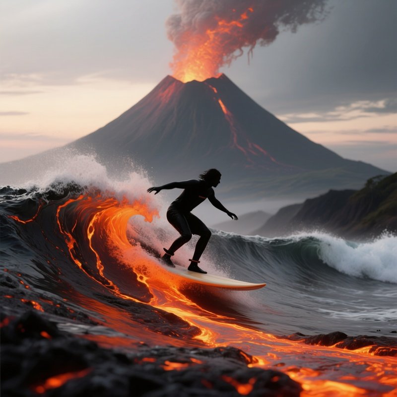 Surfer Crimson Sky Molten Wave Near Volcano 2