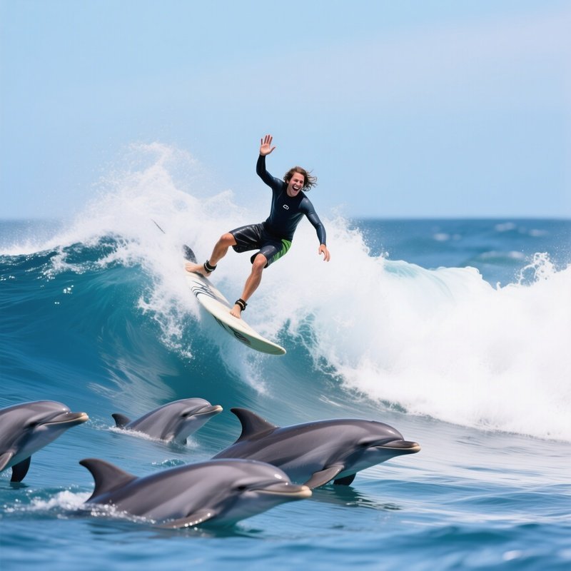 Surfer Echo Wave High Fiving Dolphins Mid Air