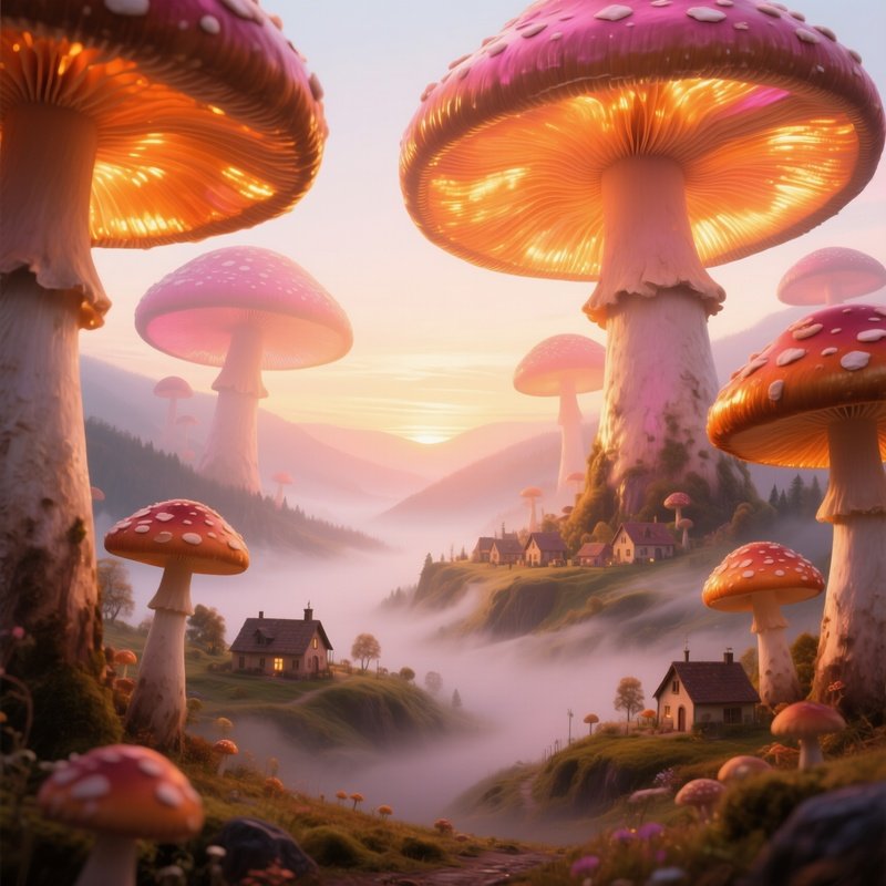 Surreal Dreamscape Mushrooms Sunrise Valley