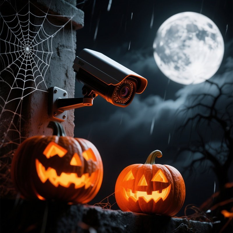 Surveillance Camera Observing Carved Pumpkins Halloween