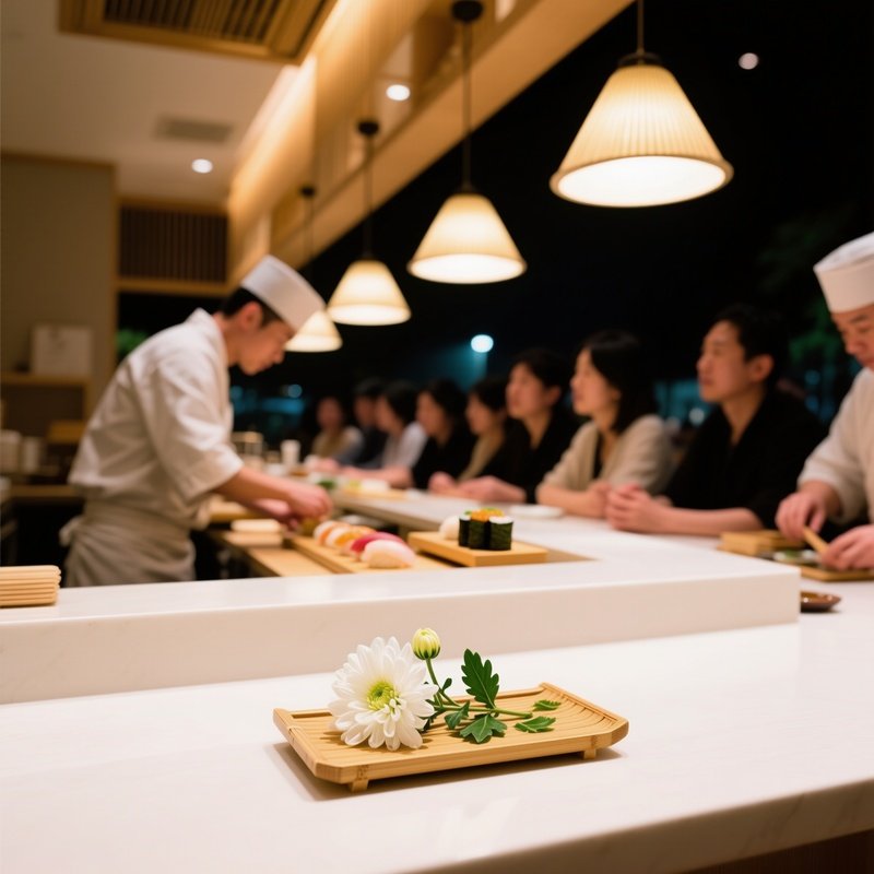 Sushi Bar With Bamboo Tray And Chrysanthemums
