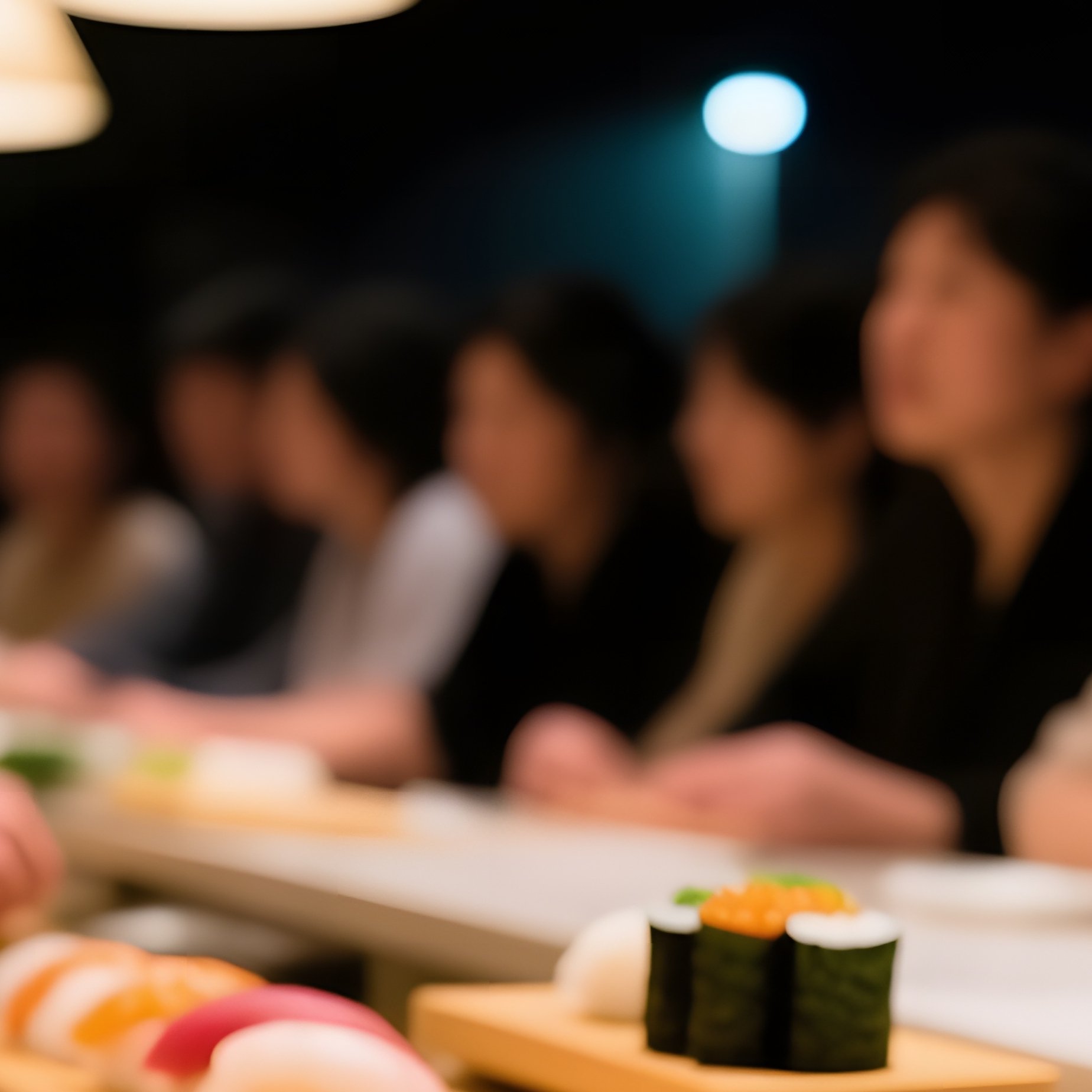 Sushi Bar With Bamboo Tray And Chrysanthemums - Full Resolution Quality Preview