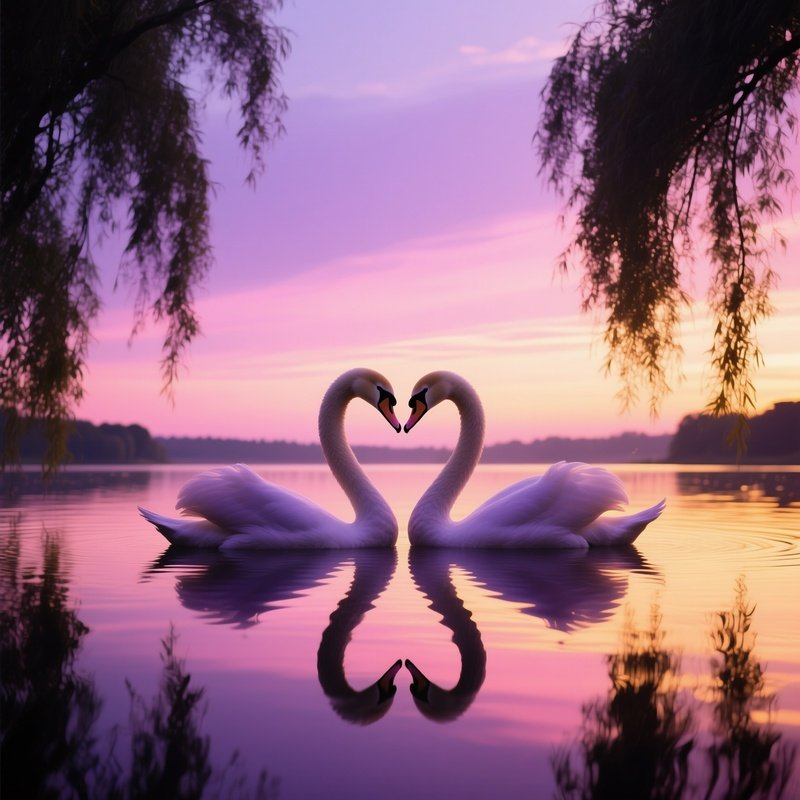 Swans Kissing Heart Shaped Neck Dusk Lake