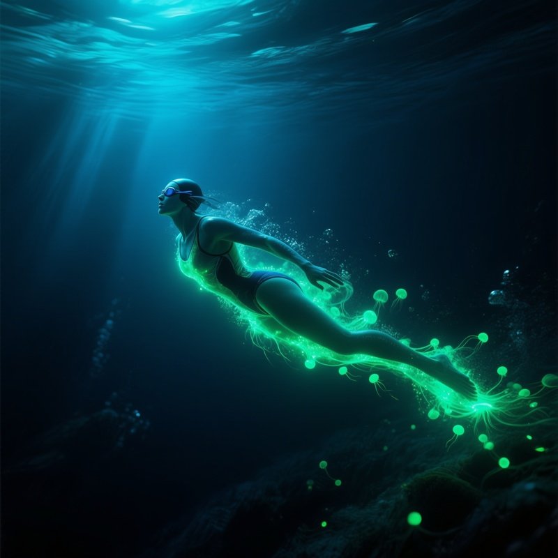 Swimmer Aqua Lynx Diving Through Glowing Plankton In The Dark Ocean