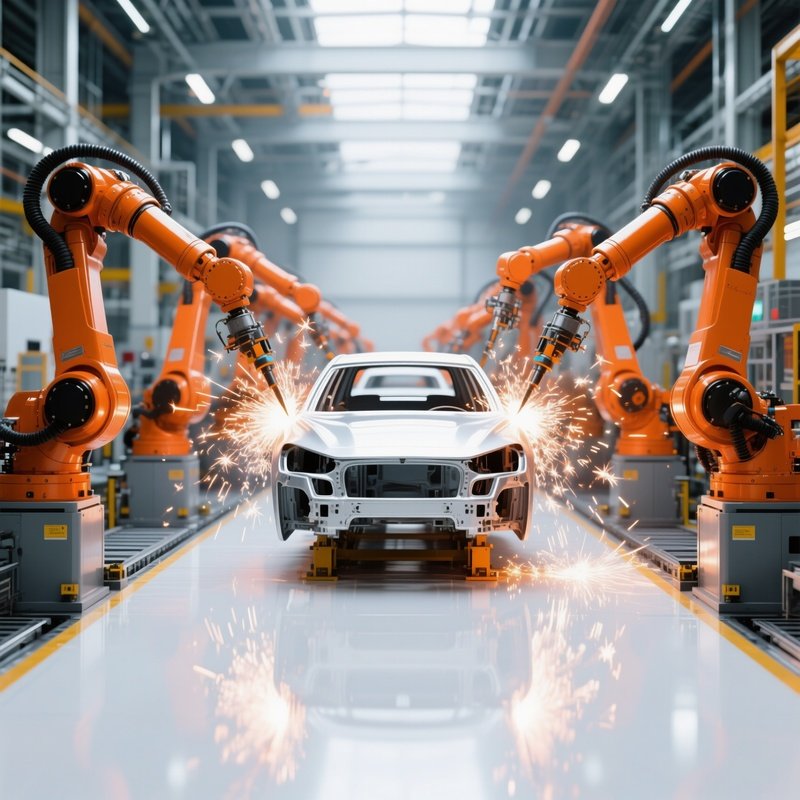Symmetrical Automotive Assembly Line With Orange Robotic Arms