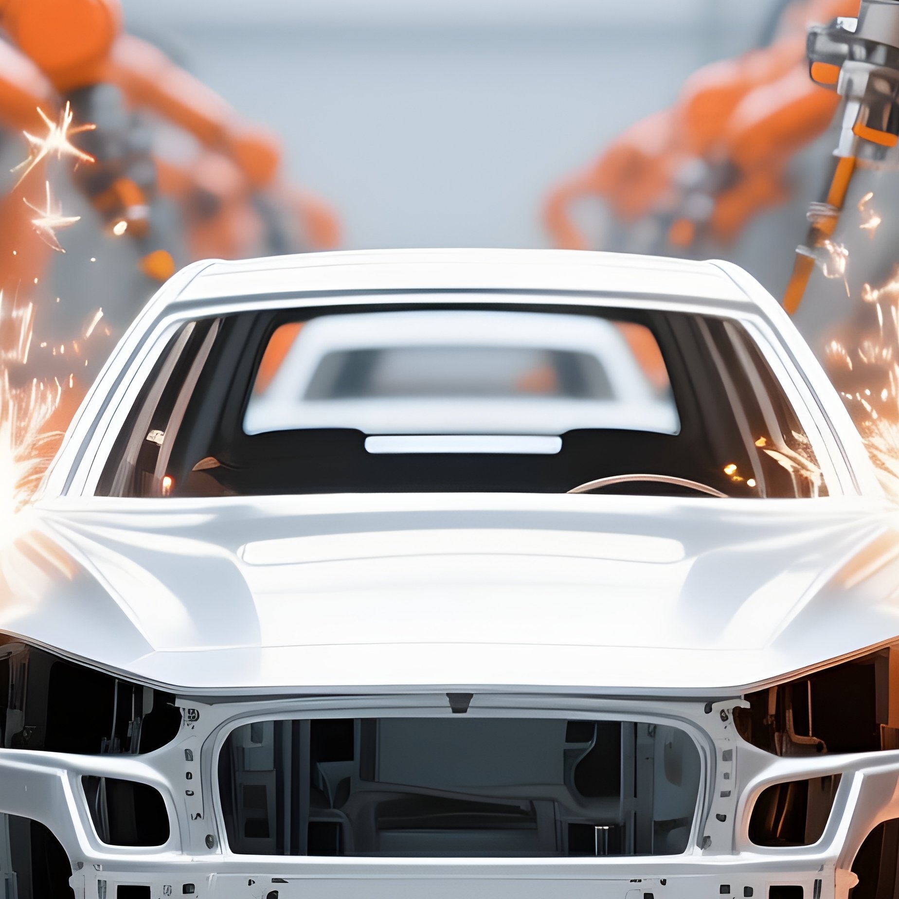 Symmetrical Automotive Assembly Line With Orange Robotic Arms - Full Resolution Quality Preview