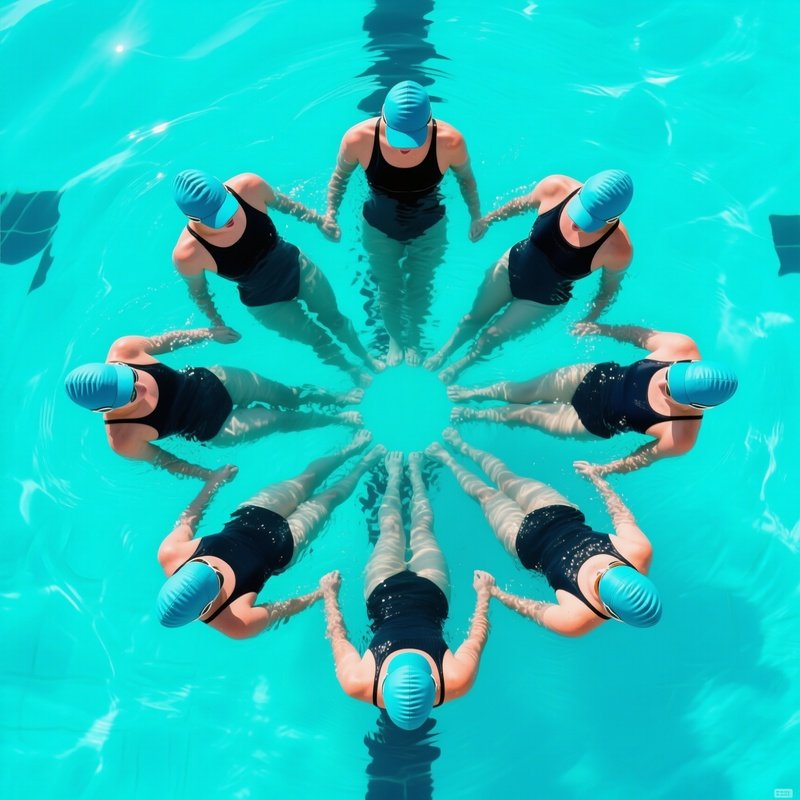 Synchronized Circle Eight Swimmers In Retro Caps Forming Geometric Flower Pattern In Turquoise Pool Viewed From Above