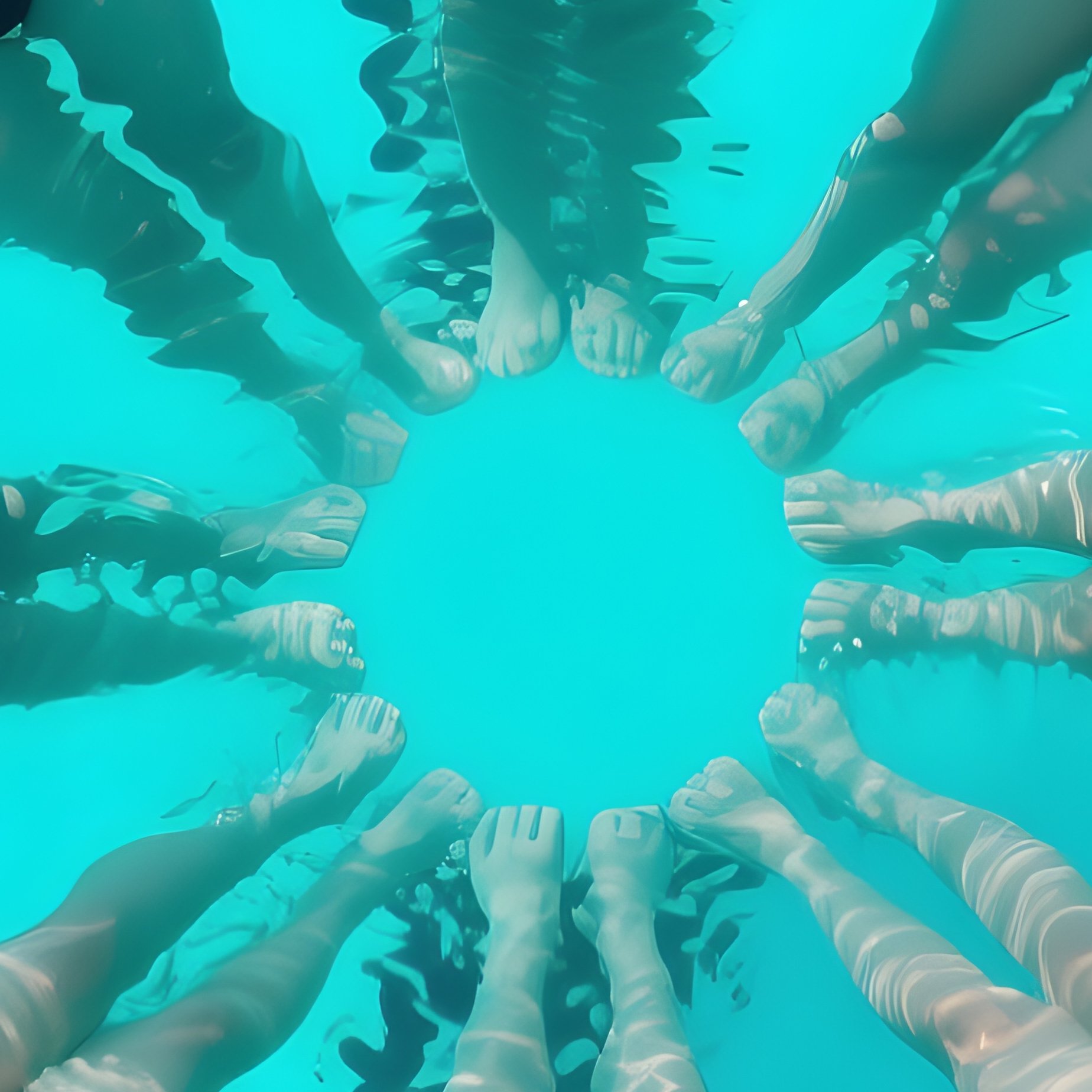 Synchronized Circle Eight Swimmers In Retro Caps Forming Geometric Flower Pattern In Turquoise Pool Viewed From Above - Full Resolution Quality Preview