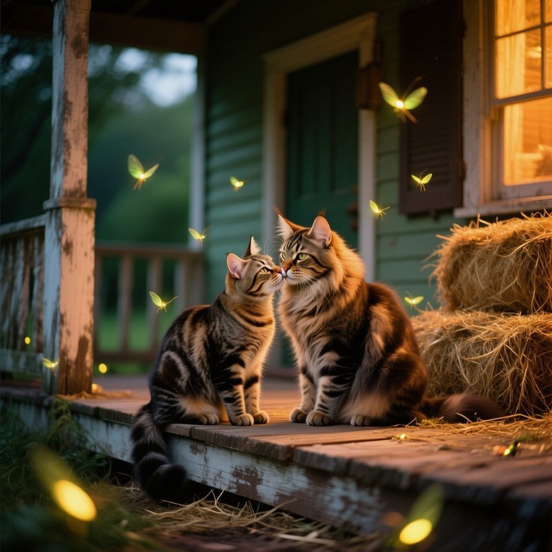 Tabby Cat Kissing Maine Coon On Farmhouse Porch