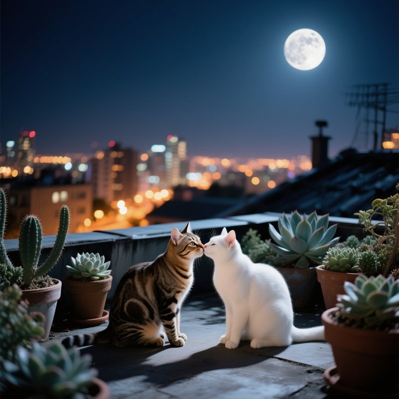 Tabby Cat Kissing White Cat On Rooftop Garden