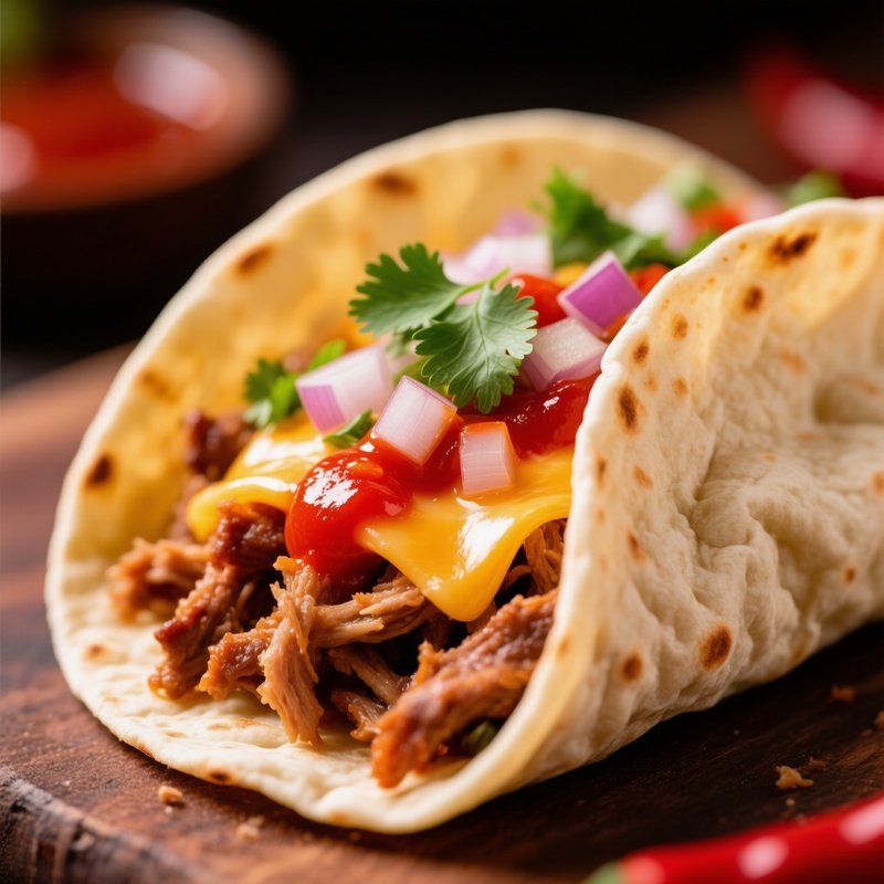 Taco With Soft Tortilla Dough And Spicy Toppings