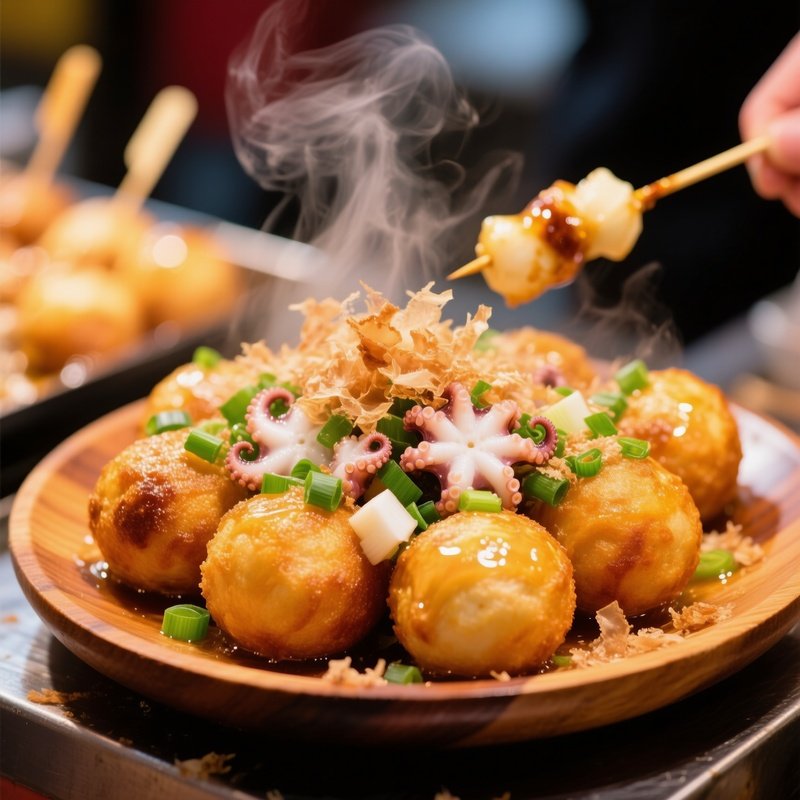 Takoyaki Octopus Balls Made With Batter Diced Octopus Scallions And Bonito Flakes