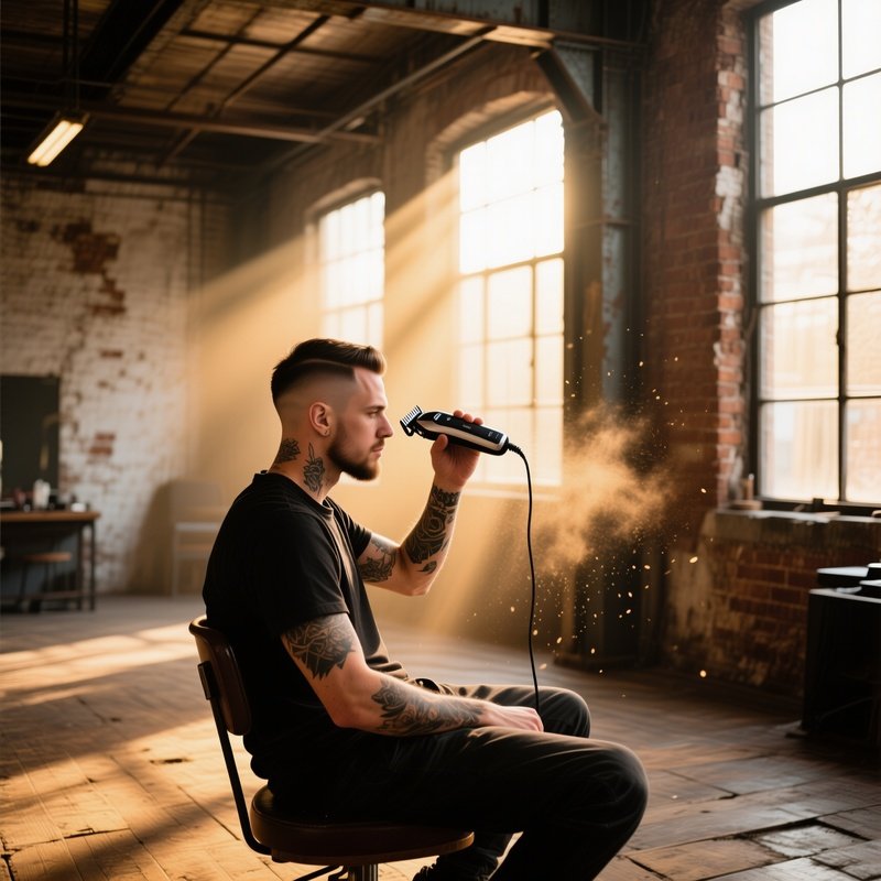 Tattooed Man Receiving Undercut In Industrial Loft