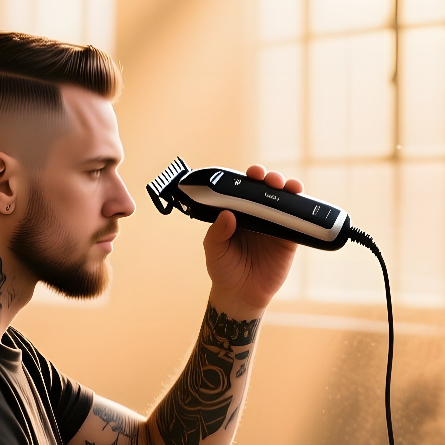 Tattooed Man Receiving Undercut In Industrial Loft - Full Resolution Quality Preview