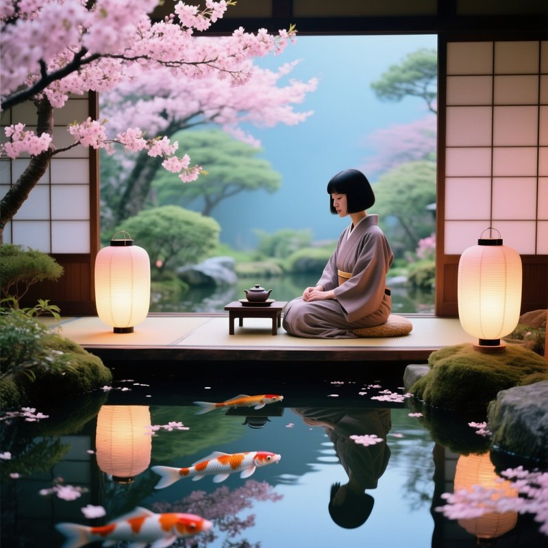 Tea Ceremony Master With Simple Bob In Traditional Japanese Garden
