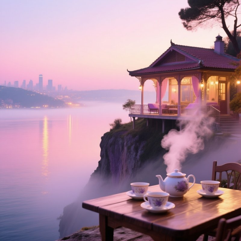 Tea House On Cliff Over Bosphorus Misty Morning