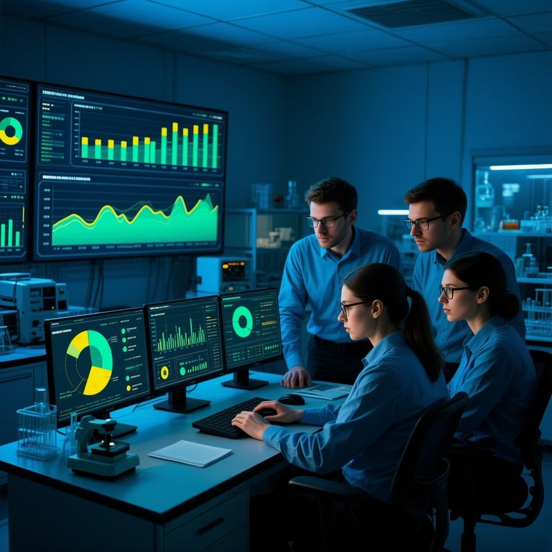 Team Analyzing Data Dashboard In Lab