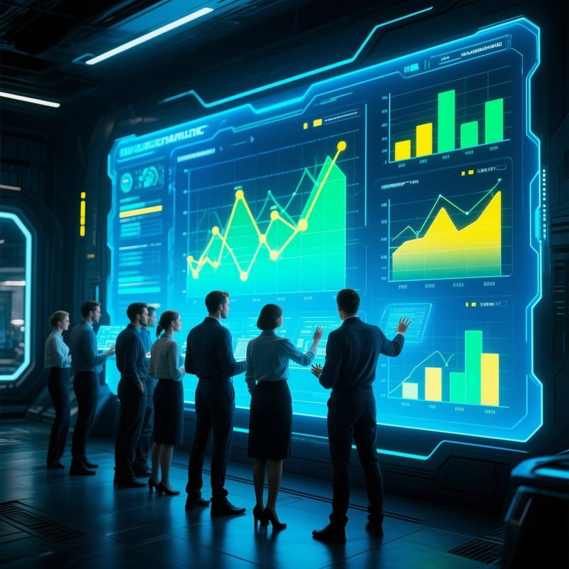 Team Analyzing Real Time Data On Holographic Dashboard