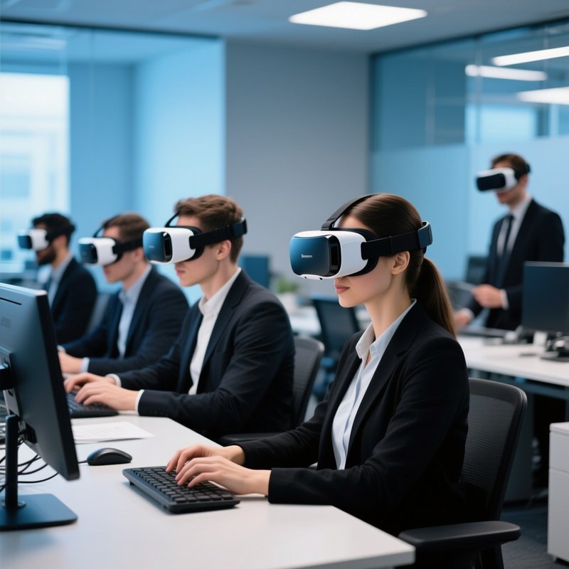 Team Wearing Vr Headsets Working In Office