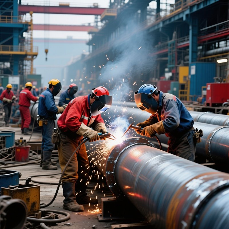 Team Welding Steel Pipes On Industrial Site
