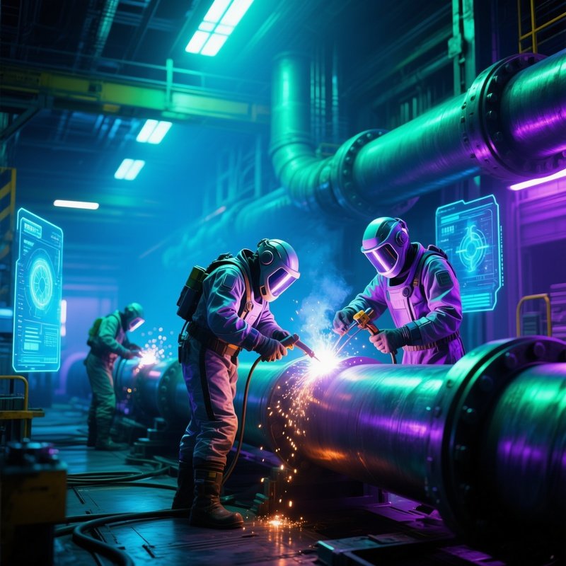 Team Welding Steel Pipes On Industrial Site Fictional