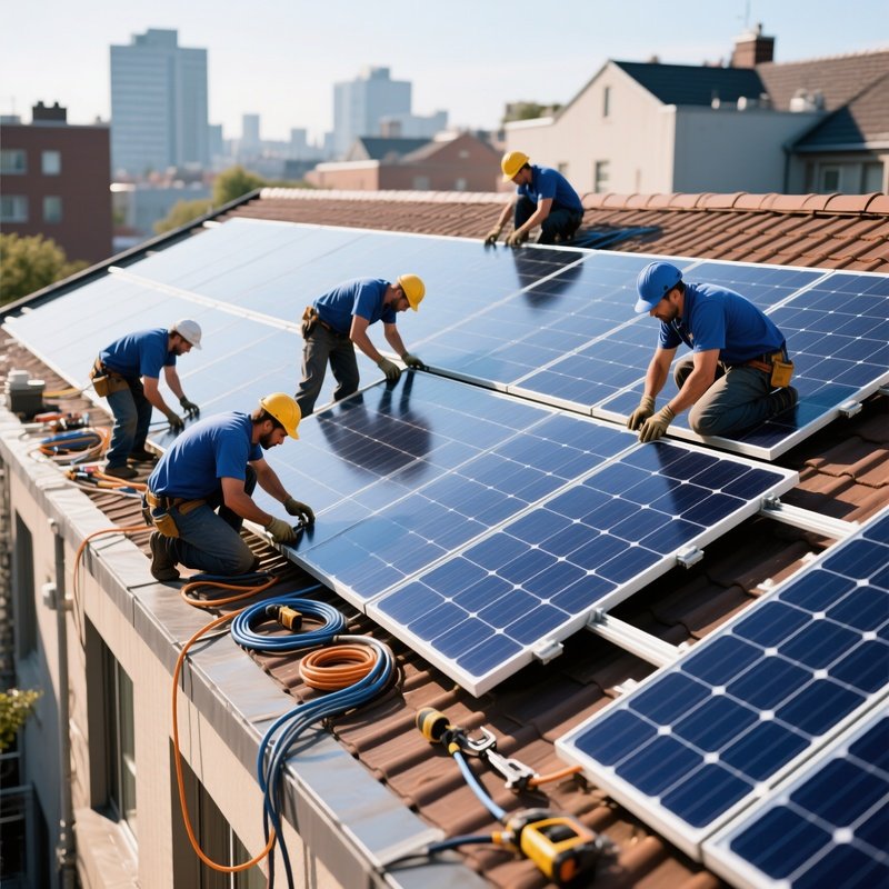 Team Working On Solar Panel Installation Rooftop