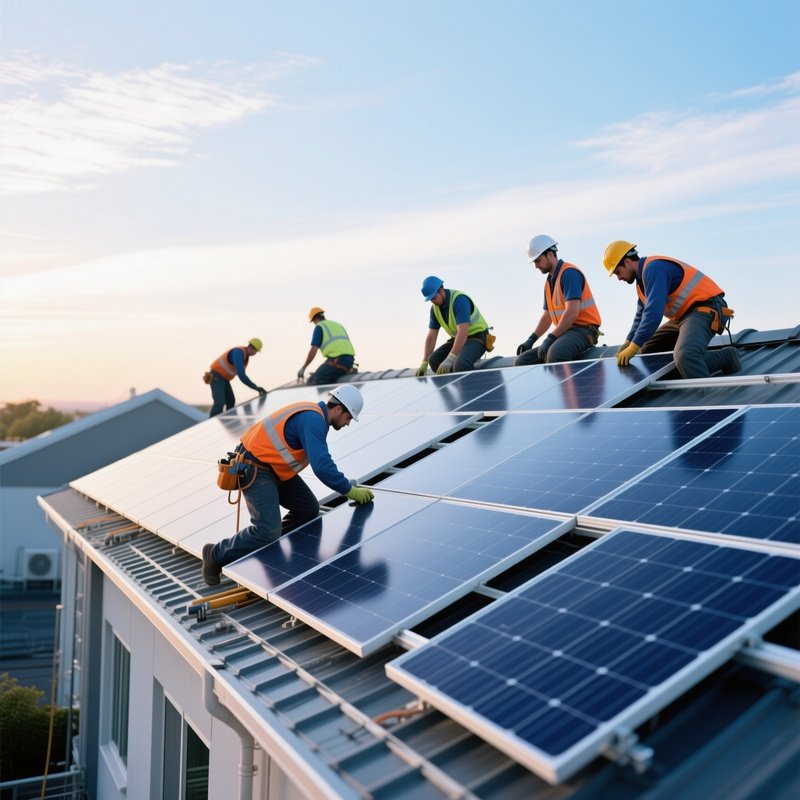 Team Working Solar Panel Installation Rooftop