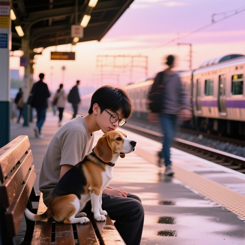 Teenage Boy Glasses Kissing Beagle Train Platform Dawn