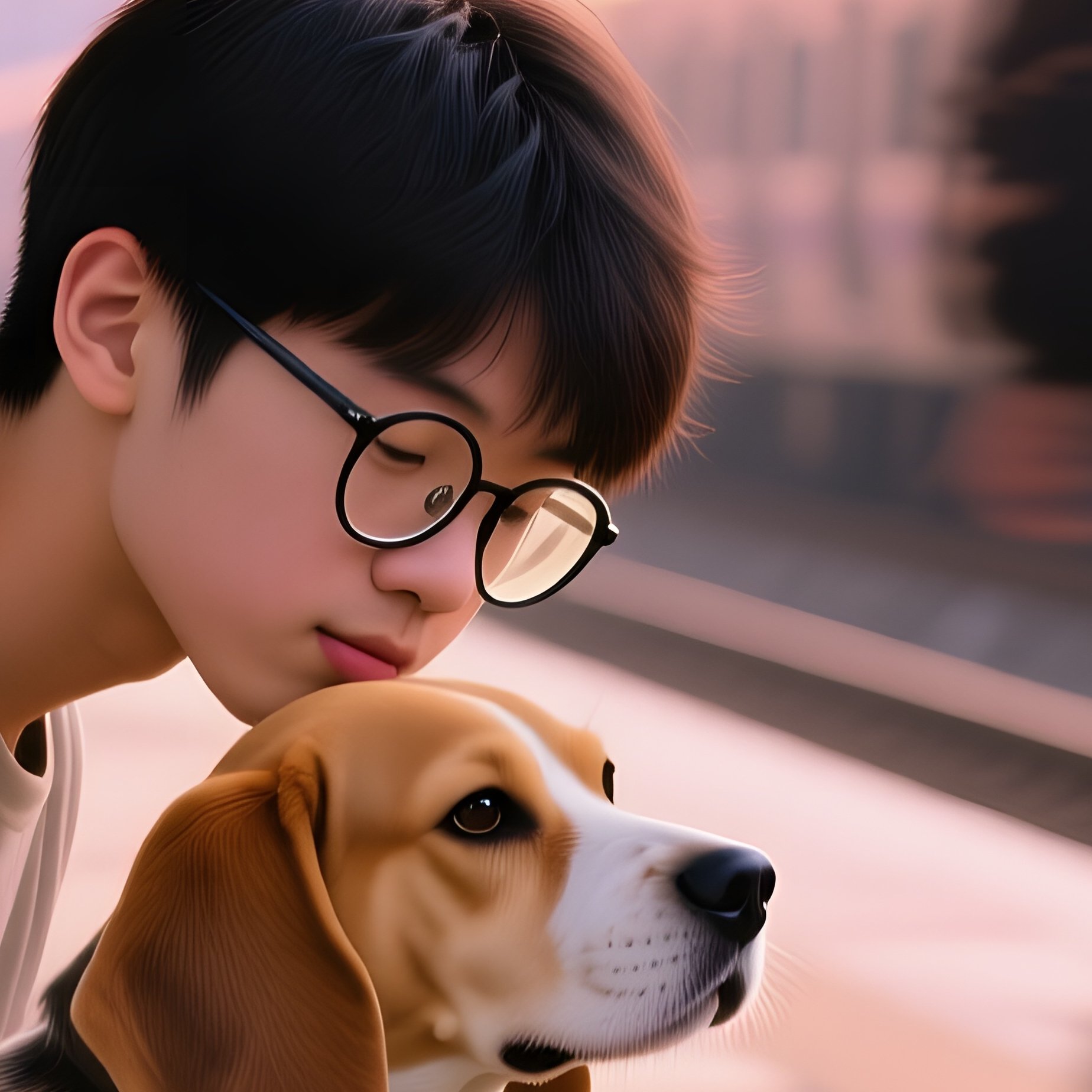 Teenage Boy Glasses Kissing Beagle Train Platform Dawn - Full Resolution Quality Preview