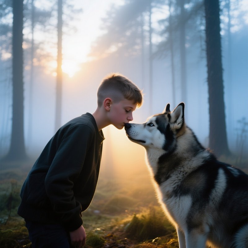 Teenage Boy Kissing Husky In Misty Forest At Sunrise