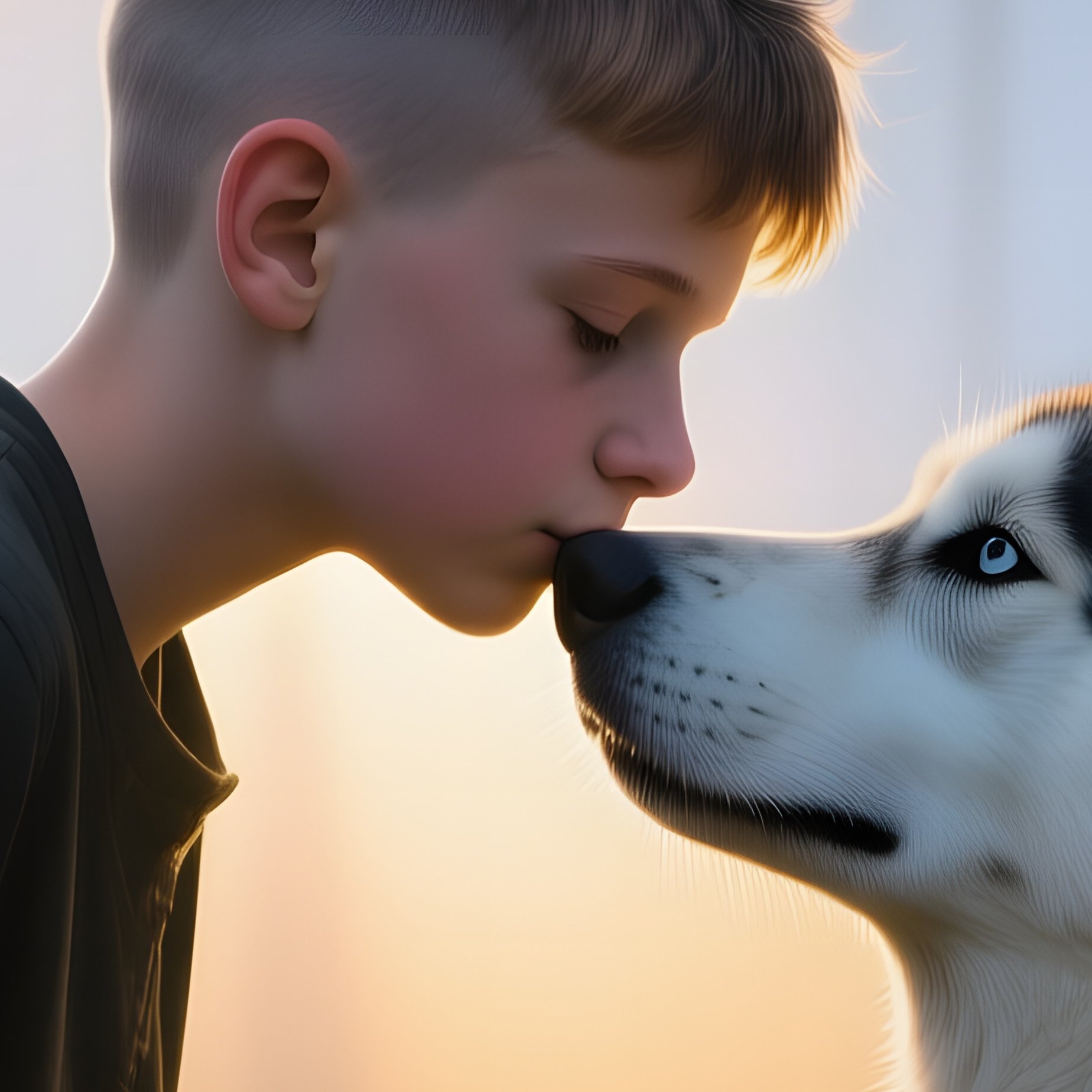 Teenage Boy Kissing Husky In Misty Forest At Sunrise - Full Resolution Quality Preview