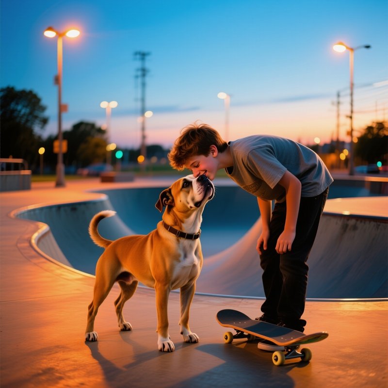 Teenage Boy Kissing Pit Bull At Dusk