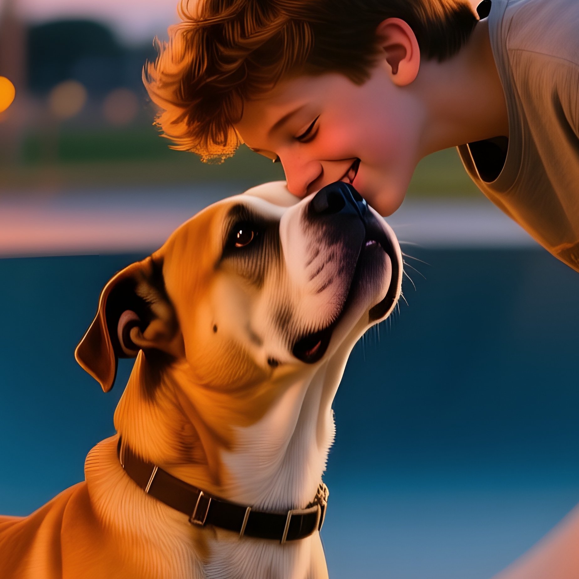 Teenage Boy Kissing Pit Bull At Dusk - Full Resolution Quality Preview