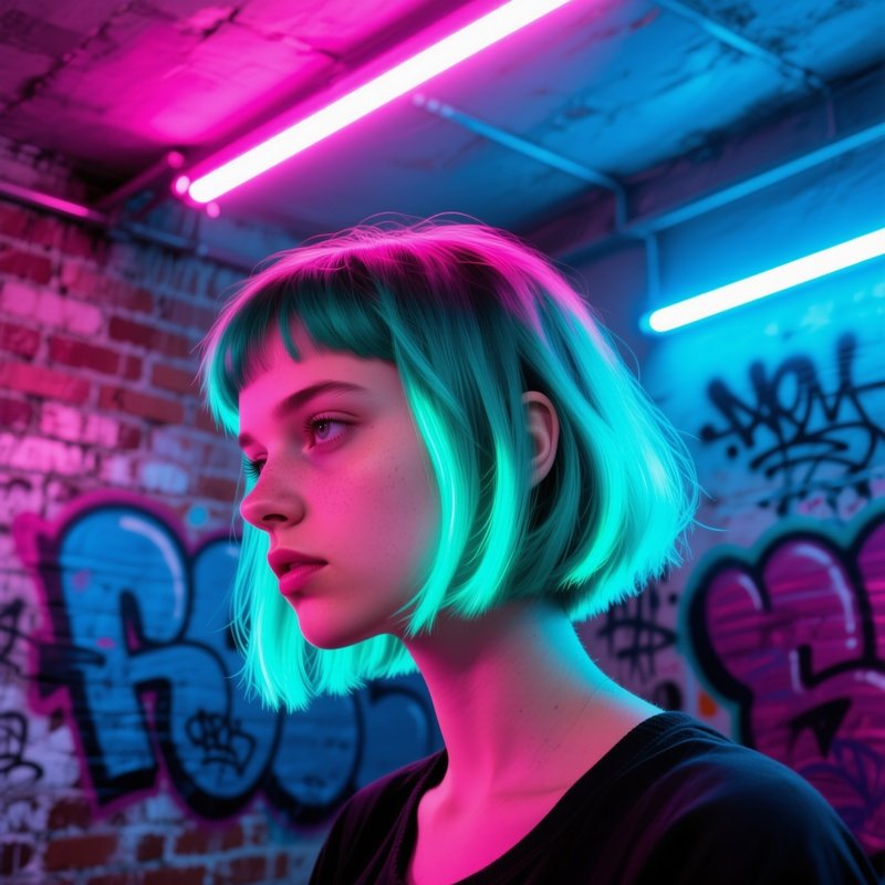 Teenage Girl With Teal Highlights Getting Pixie Cut Under Led Strips