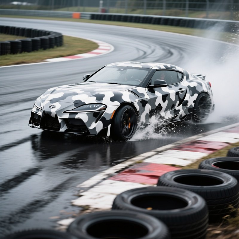 Test Track Camouflaged Prototype Car Drifting Wet Corner