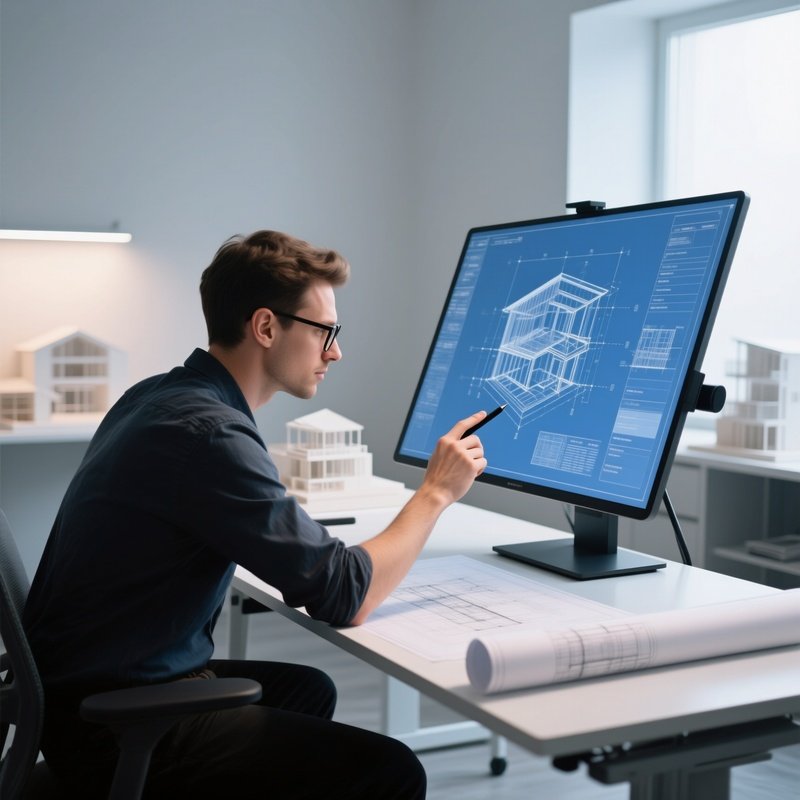The Architect Reviewing Digital Blueprints On Tilting Drafting Table Screen