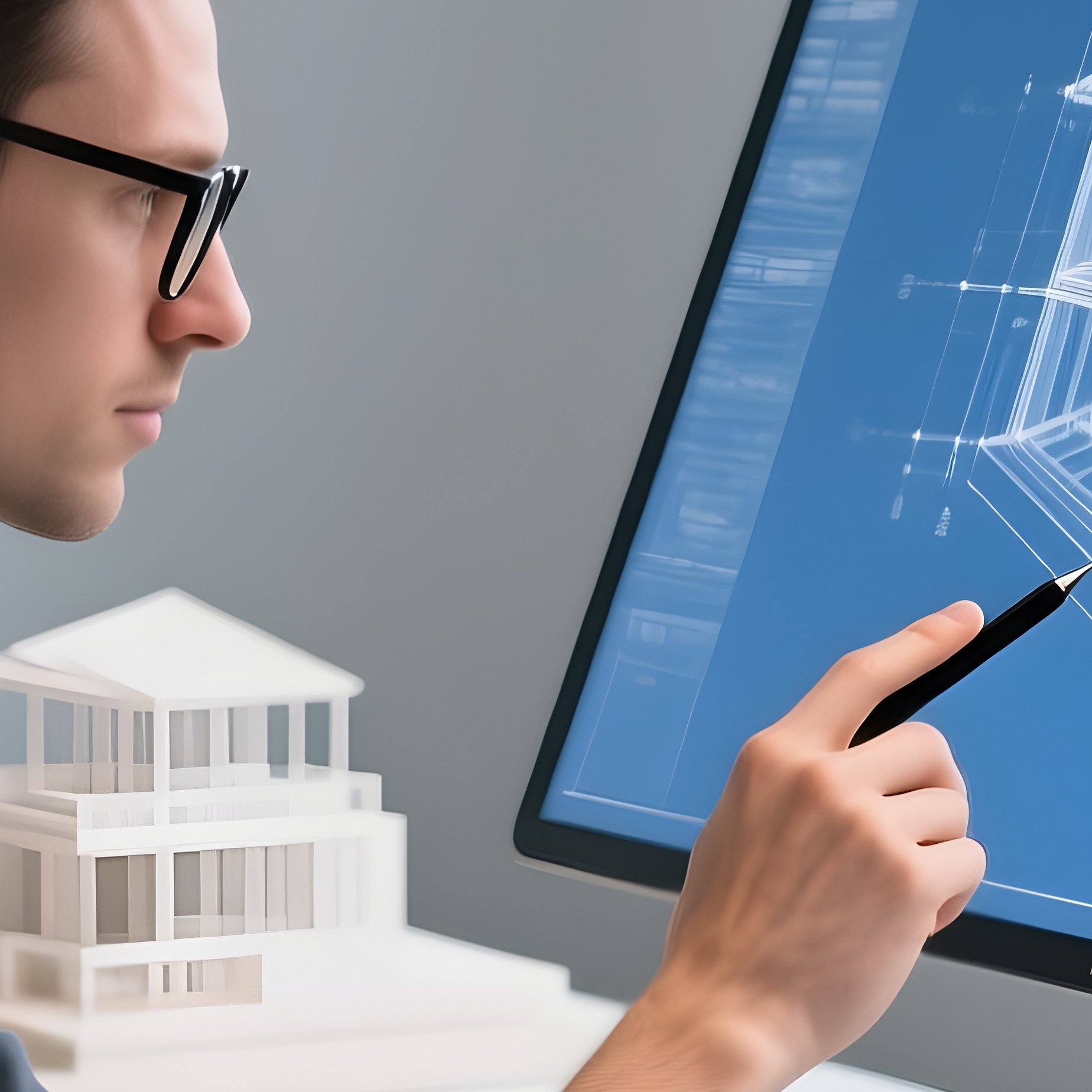 The Architect Reviewing Digital Blueprints On Tilting Drafting Table Screen - Full Resolution Quality Preview