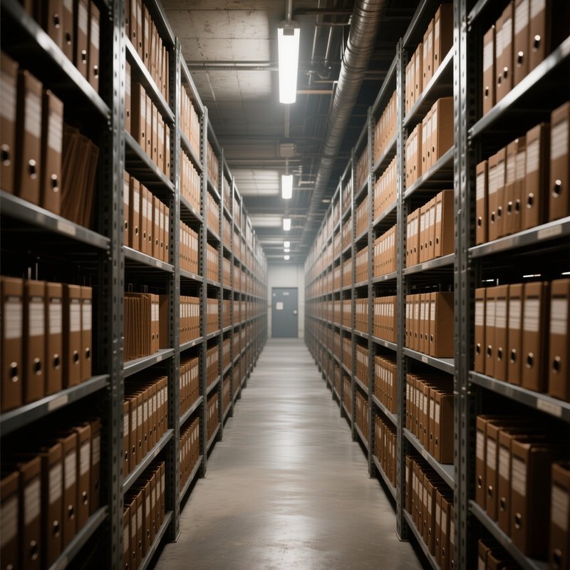 The Archive Aisle: A Long, Narrow Aisle Between Towering Metal Rolling Stacks In A Basement Archive, Filled With Thousands Of Identical Brown Folders.