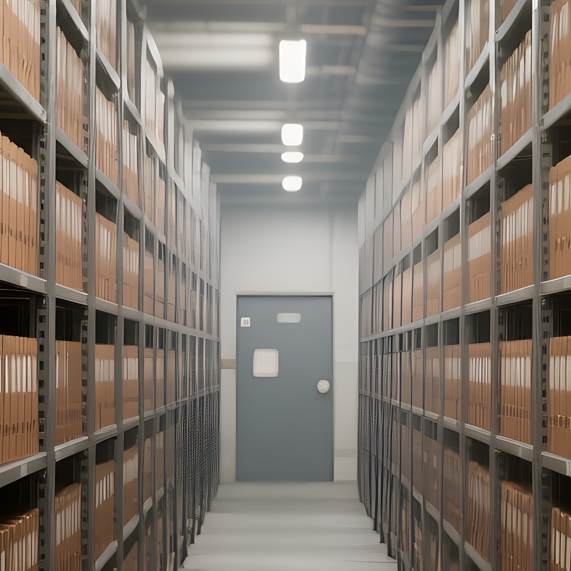 The Archive Aisle: A Long, Narrow Aisle Between Towering Metal Rolling Stacks In A Basement Archive, Filled With Thousands Of Identical Brown Folders. - Full Resolution Quality Preview