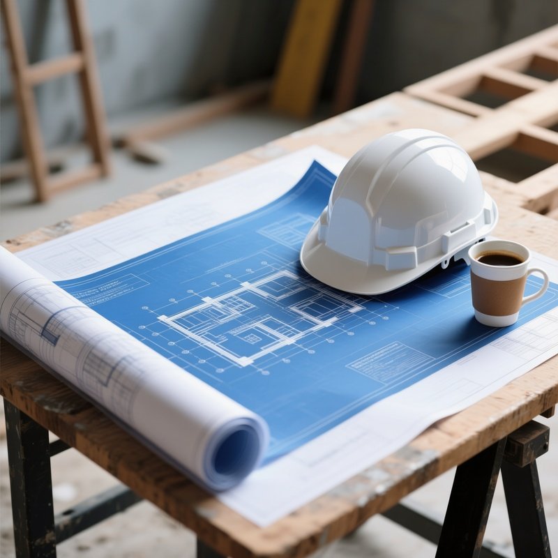 The Blueprint: A Rolled Out Blue Architectural Blueprint On A Construction Table, Held Down By A Hard Hat And A Coffee Cup, Symbolizing Planning And Foundation.