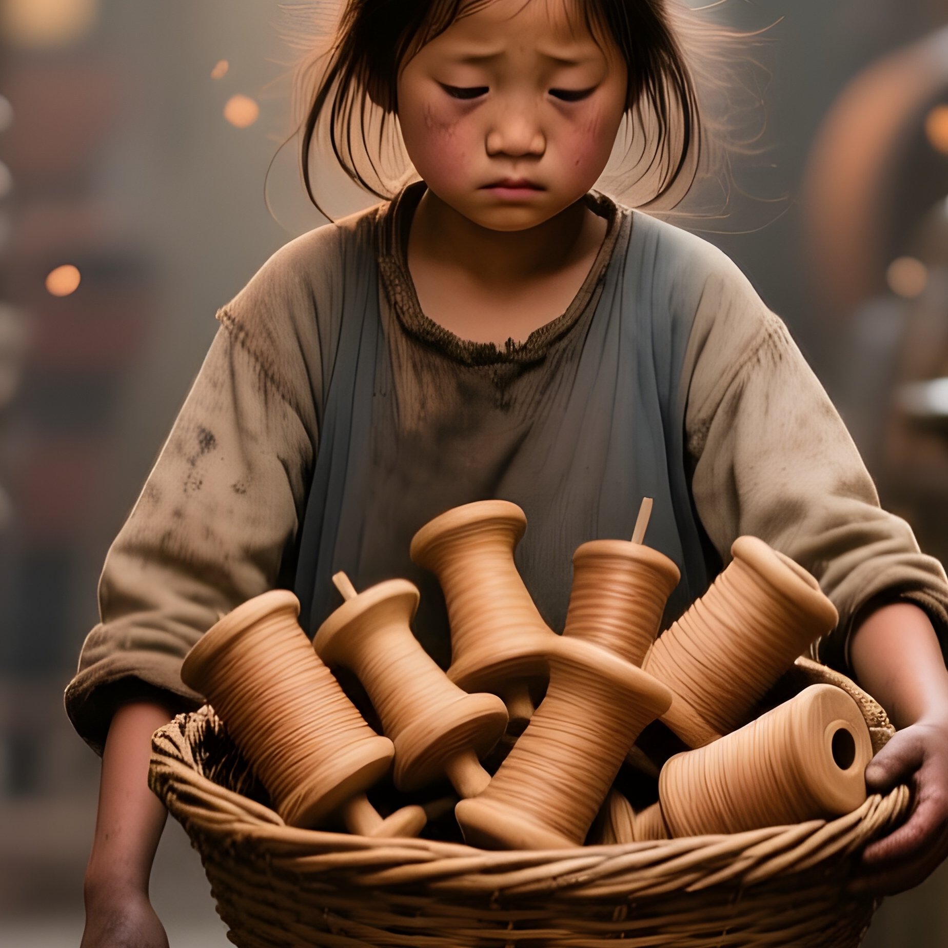 The Bobbin Girl A Young Girl Carrying A Basket Full Of Wooden Bobbins Through A Narrow Aisle Between Roaring Machines She Looks Tired - Full Resolution Quality Preview
