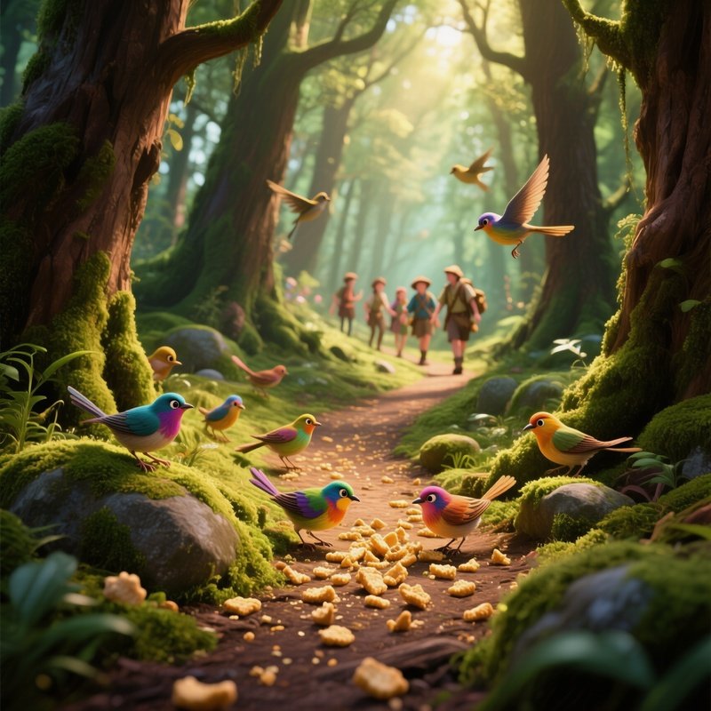 The Breadcrumb Trail Birds Eating Crumbs Leading Party Into Woods