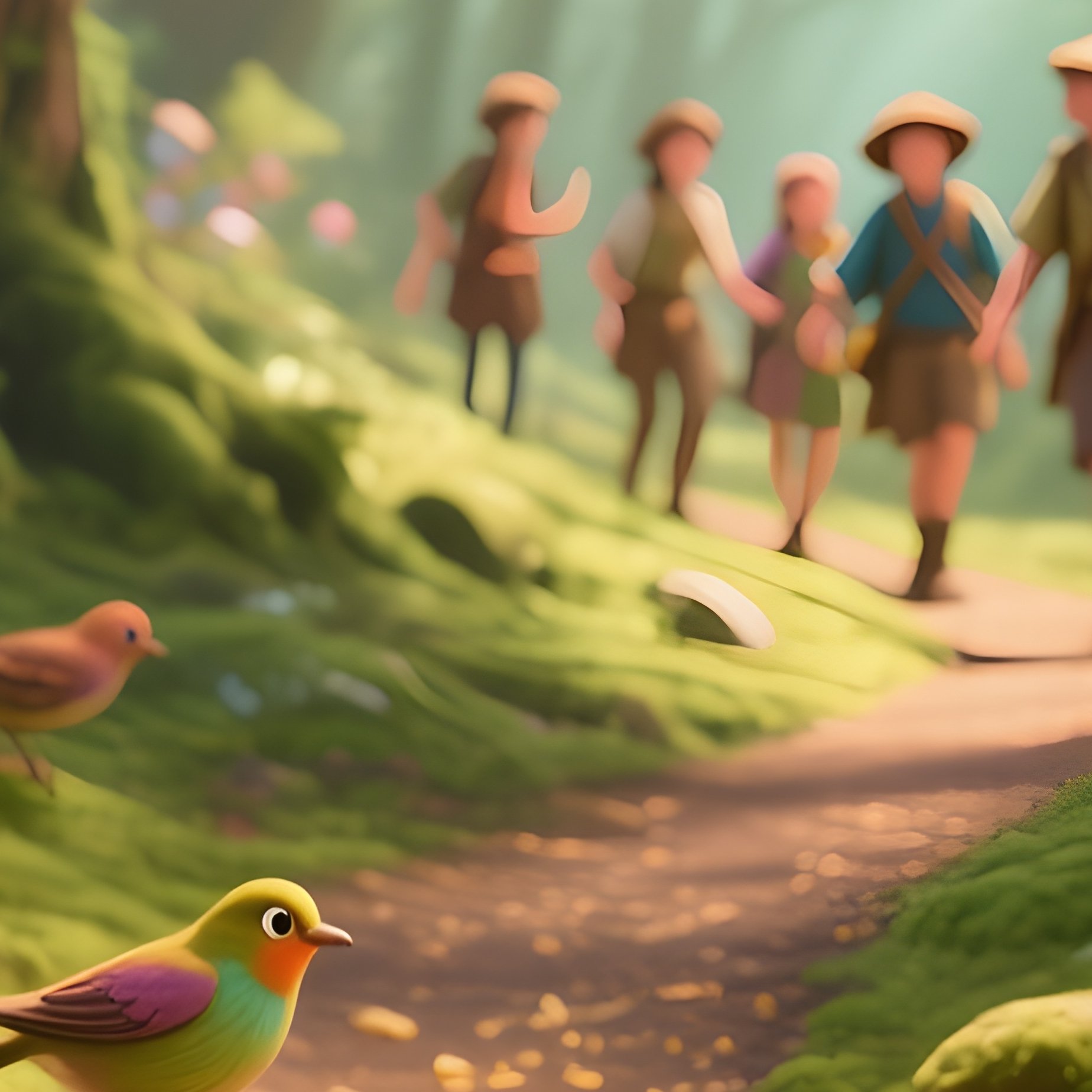 The Breadcrumb Trail Birds Eating Crumbs Leading Party Into Woods - Full Resolution Quality Preview