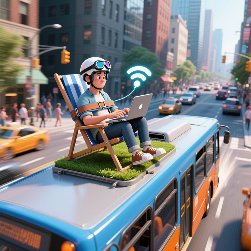 The Bus Roof Rider Sitting In A Lawn Chair Strapped To The Roof Of A Moving City Bus Stealing The Bus S Wi Fi
