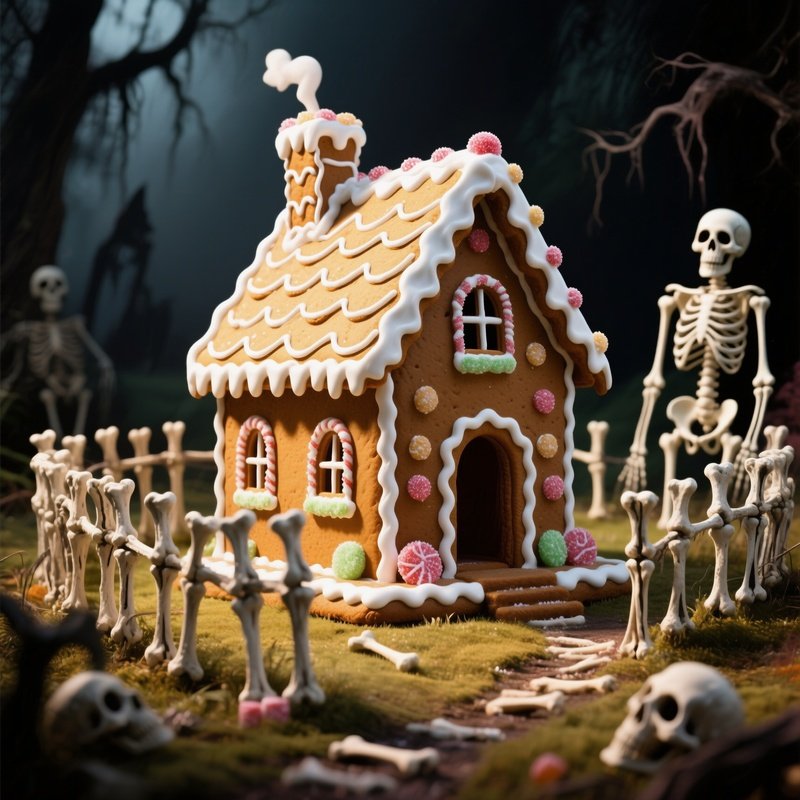 The Candy House A Cottage Made Of Gingerbread Stands In A Clearing The Fence Is Made Of Bones
