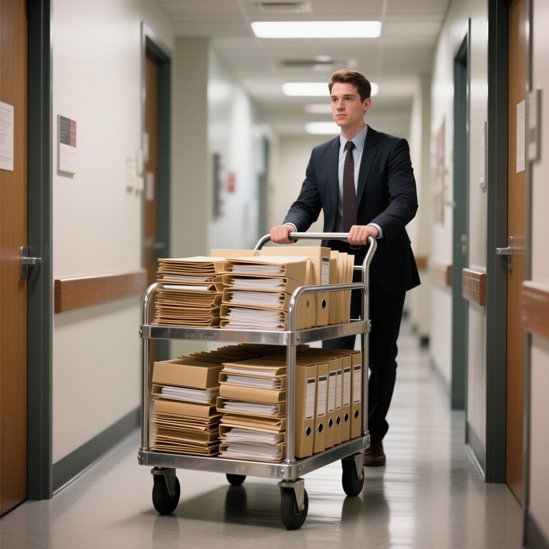 The Cart: A Metal Pushcart Loaded With Stacks Of Manila Folders Being Pushed Down A Hallway By An Intern.