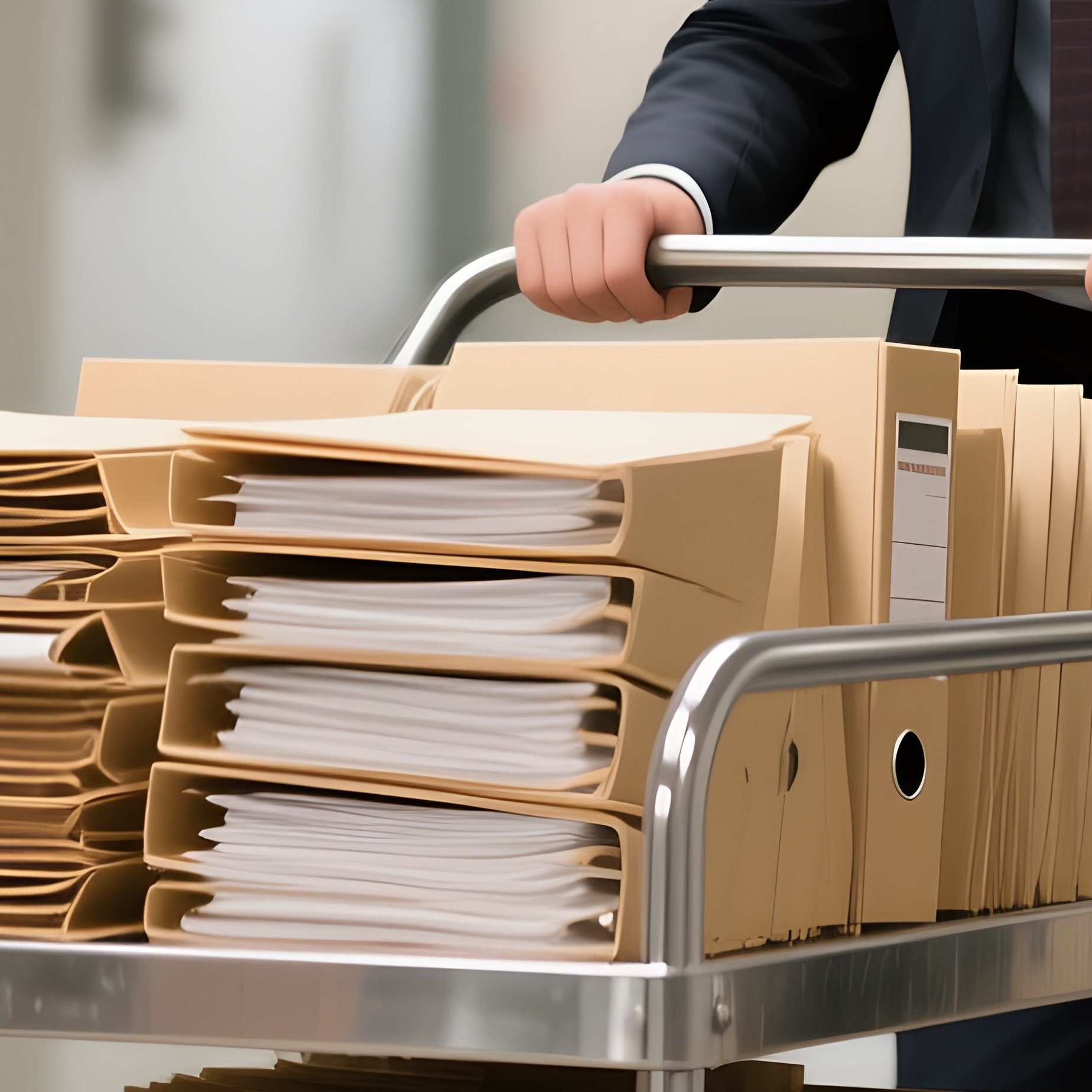 The Cart: A Metal Pushcart Loaded With Stacks Of Manila Folders Being Pushed Down A Hallway By An Intern. - Full Resolution Quality Preview